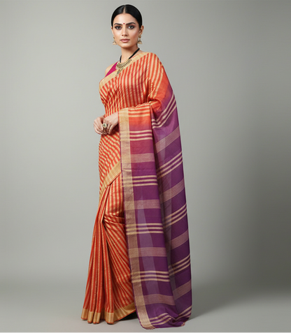 Orange Striped Kota Silk Saree