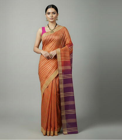 Orange Striped Kota Silk Saree