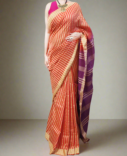 Orange Striped Kota Silk Saree