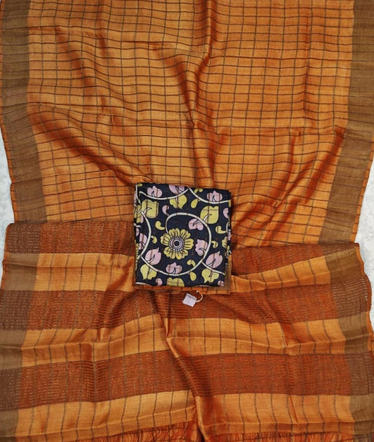 Orange Bishnupuri Checked Zari Tussar Silk Saree |Peepal Clothing