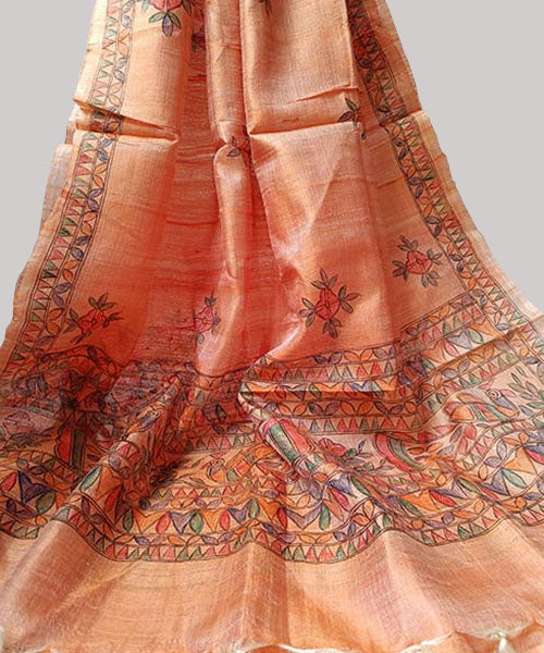 Orange Madhubani Painted Silk Dupatta