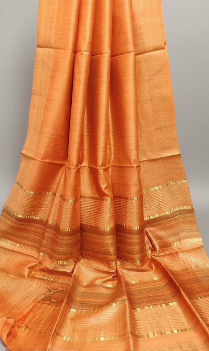Orange Staple Body Saree with Ghicha Silk Pallu 