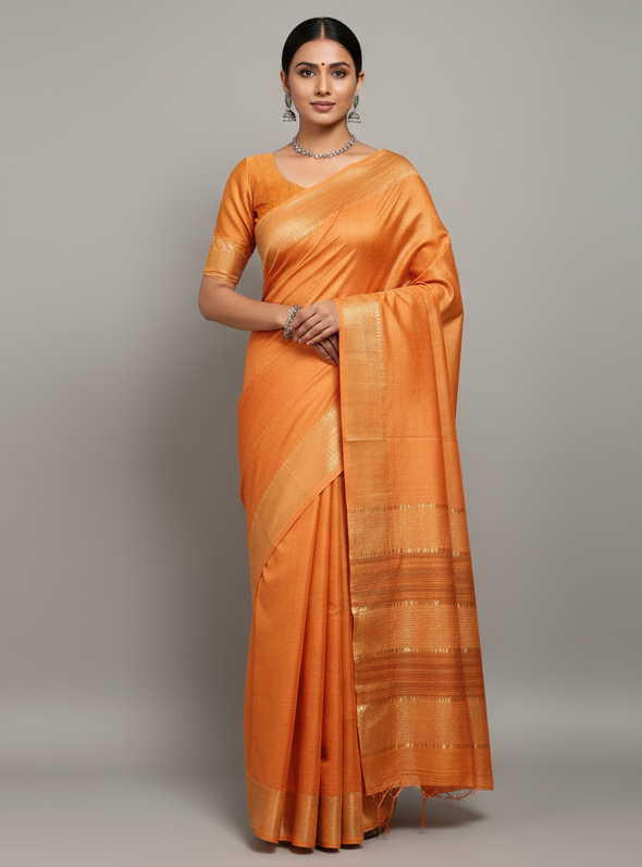 Orange Staple Body Saree with Ghicha Silk Pallu