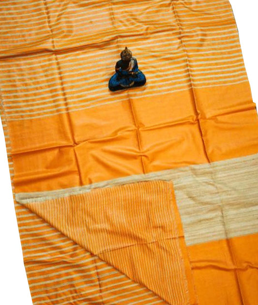 Orange Striped Tusser Ghicha Silk Saree |Peepal Clothing