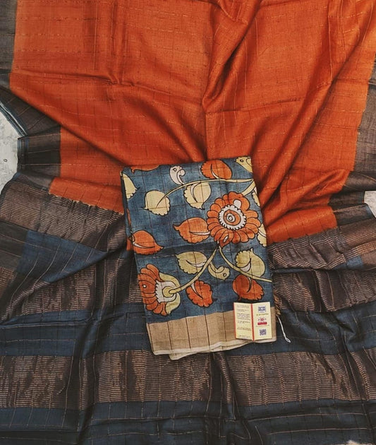 Orange and Black Bishnupuri Checked Zari Tussar Silk Saree |Peepal Clothing