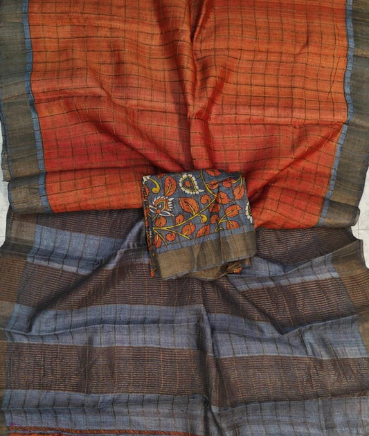 Orange and Grey Bishnupuri Checked Zari Tussar Silk Saree |Peepal Clothing