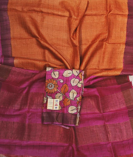 Orange and Pink Bishnupuri Checked Zari Tussar Silk Saree |Peepal Clothing