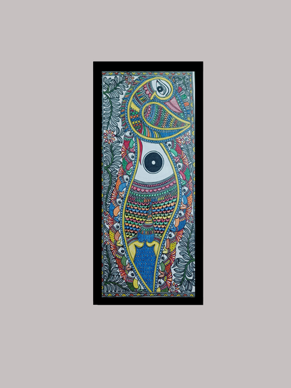 Original Hand-Painted Madhubani Peacock & Fish Art - Vibrant Mithila Folk Painting | Vertical Wall Decor