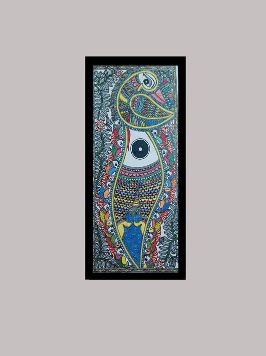 Original Hand-Painted Madhubani Peacock & Fish Art - Vibrant Mithila Folk Painting | Vertical Wall Decor