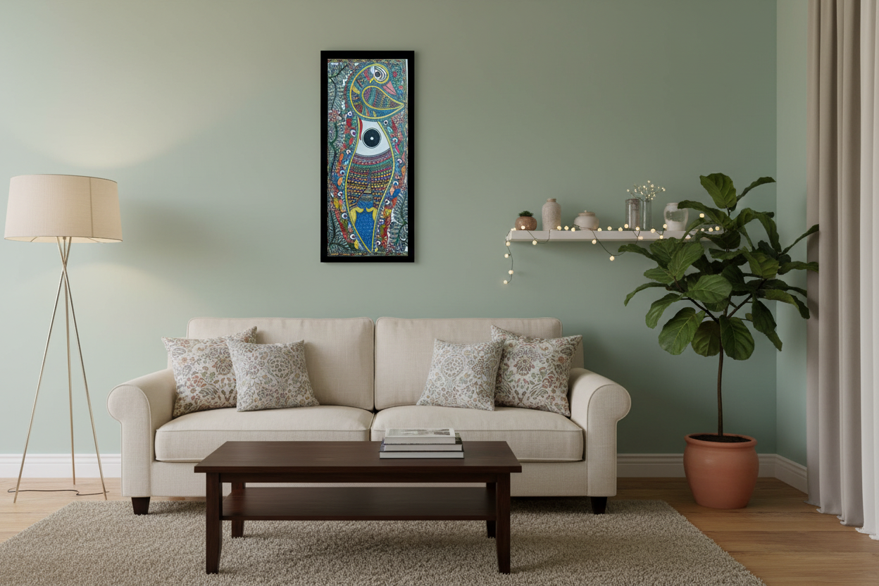 Original Hand-Painted Madhubani Peacock & Fish Art - Vibrant Mithila Folk Painting | Vertical Wall Decor