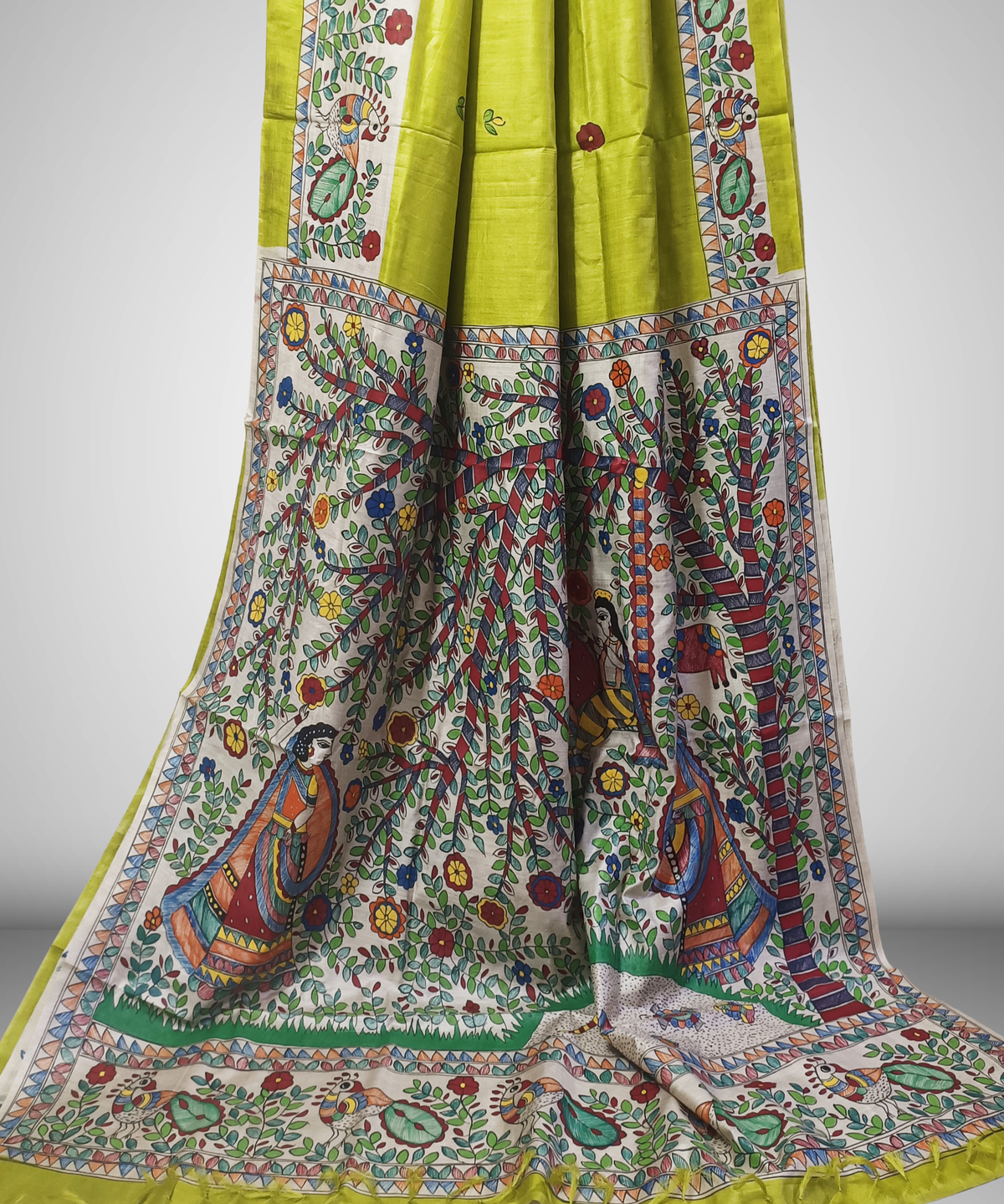 Parrot Green Pure Madhubani Hand Painted Desi Tussar Silk Saree – Handcrafted Devotional Folk Art