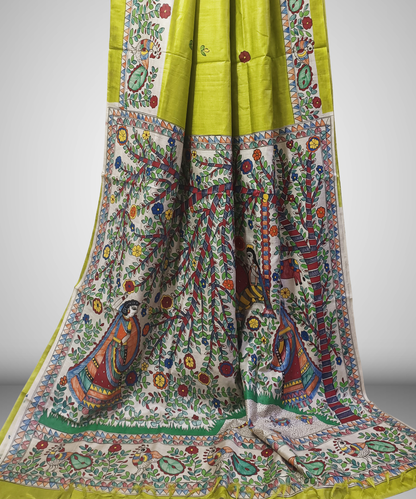 Parrot Green Pure Madhubani Hand Painted Desi Tussar Silk Saree – Handcrafted Devotional Folk Art