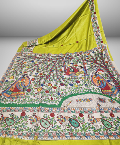 Parrot Green Pure Madhubani Hand Painted Desi Tussar Silk Saree – Handcrafted Devotional Folk Art
