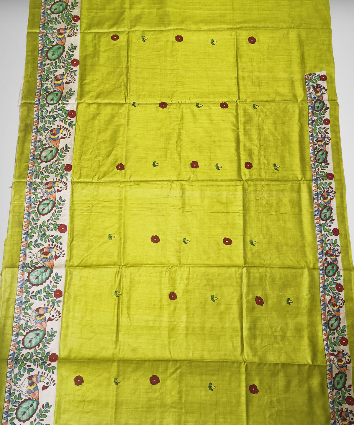 Parrot Green Pure Madhubani Hand Painted Desi Tussar Silk Saree – Handcrafted Devotional Folk Art