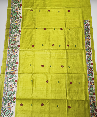 Parrot Green Pure Madhubani Hand Painted Desi Tussar Silk Saree – Handcrafted Devotional Folk Art