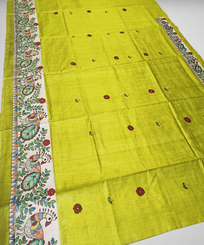 Parrot Green Pure Madhubani Hand Painted Desi Tussar Silk Saree – Handcrafted Devotional Folk Art