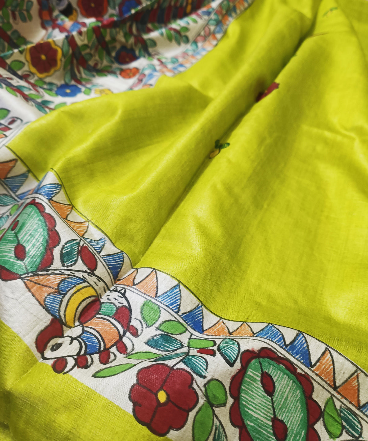 Parrot Green Pure Madhubani Hand Painted Desi Tussar Silk Saree – Handcrafted Devotional Folk Art