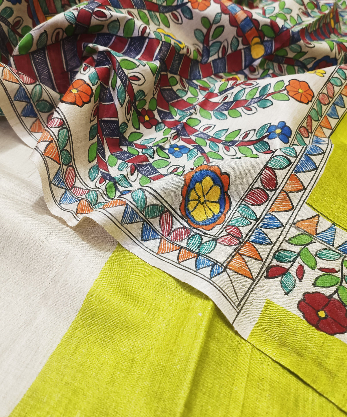 Parrot Green Pure Madhubani Hand Painted Desi Tussar Silk Saree – Handcrafted Devotional Folk Art