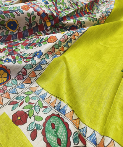 Parrot Green Pure Madhubani Hand Painted Desi Tussar Silk Saree – Handcrafted Devotional Folk Art