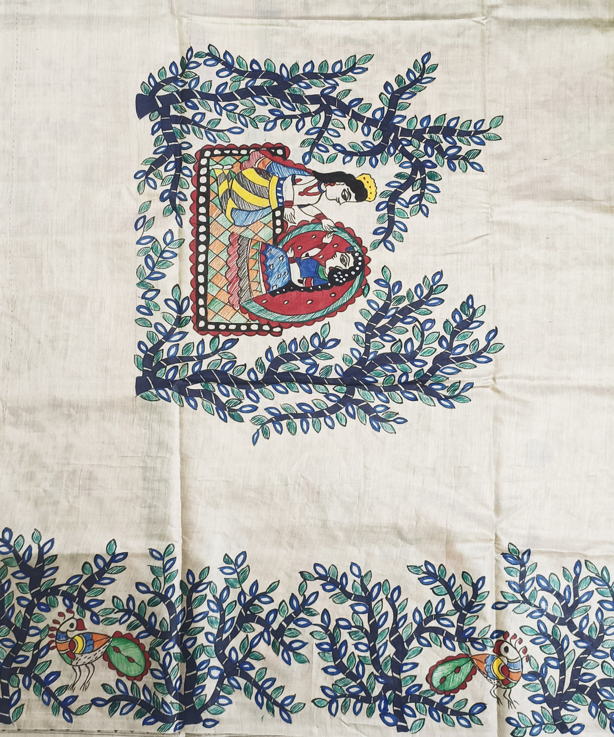 Parrot Green Pure Madhubani Hand Painted Desi Tussar Silk Saree – Handcrafted Devotional Folk Art