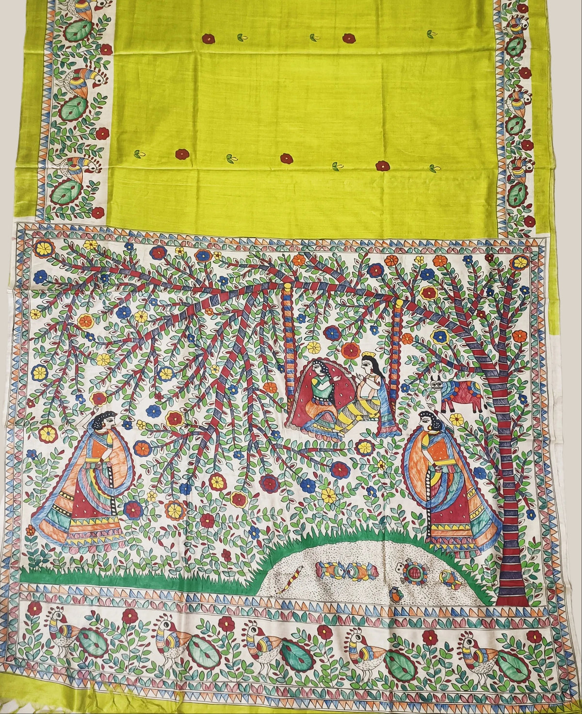 Parrot Green Pure Madhubani Hand Painted Desi Tussar Silk Saree – Handcrafted Devotional Folk Art