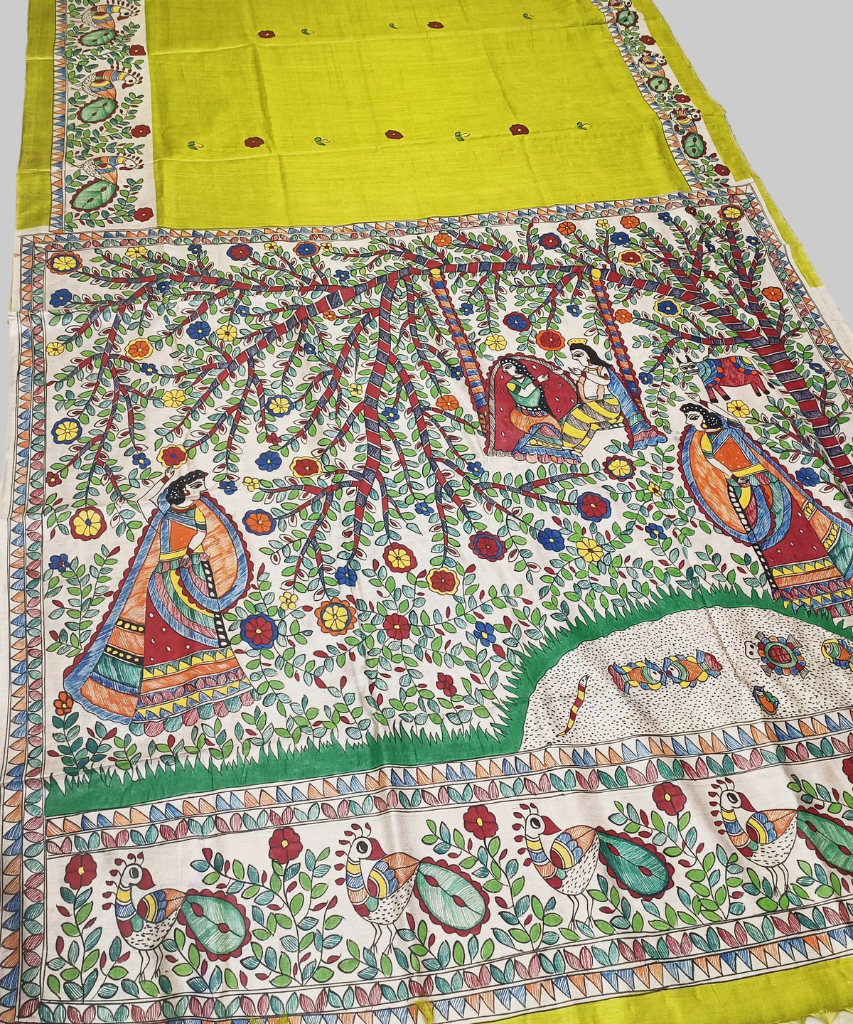Parrot Green Pure Madhubani Hand Painted Desi Tussar Silk Saree – Handcrafted Devotional Folk Art