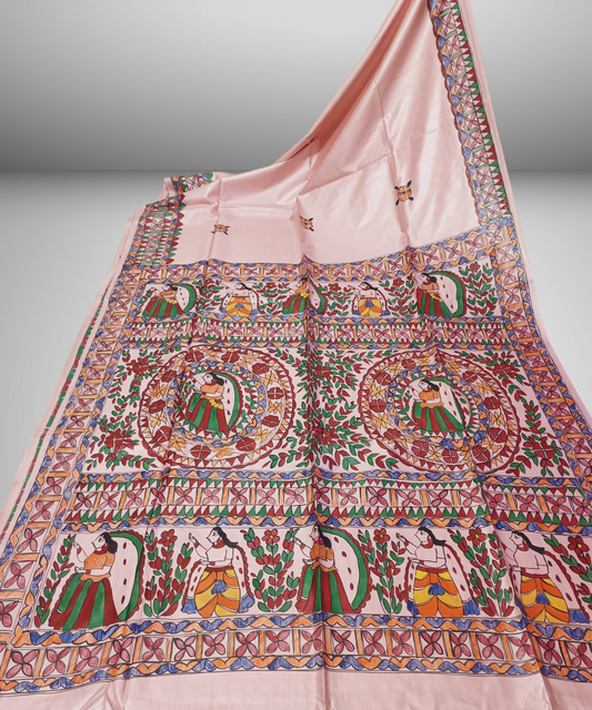 Pastel Blush Pink Pure Desi Tussar Silk Madhubani Saree – Traditional Hand-painted Mithila Folk Art & Floral Mandala Pallu