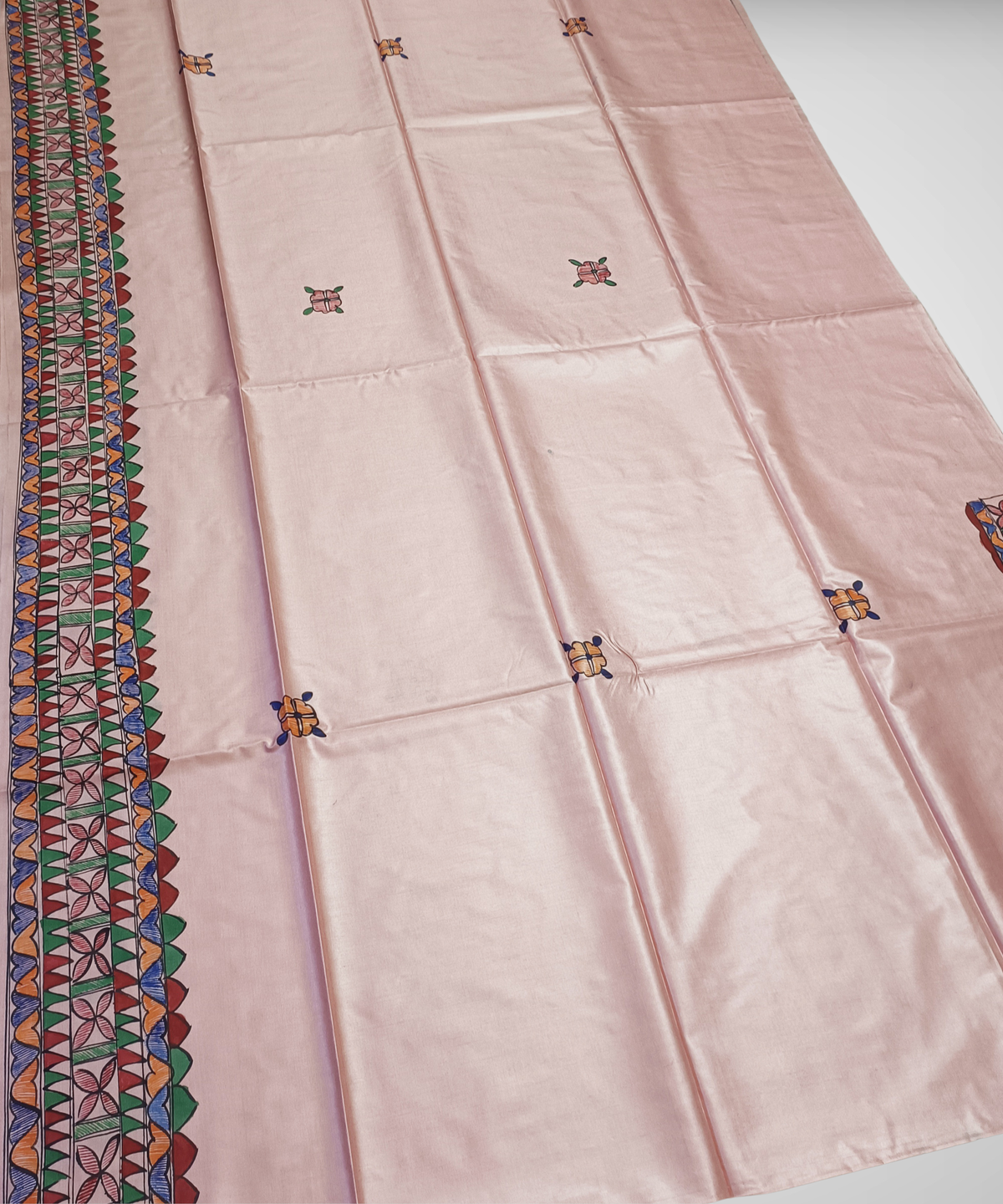 Pastel Blush Pink Pure Desi Tussar Silk Madhubani Saree – Traditional Hand-painted Mithila Folk Art & Floral Mandala Pallu