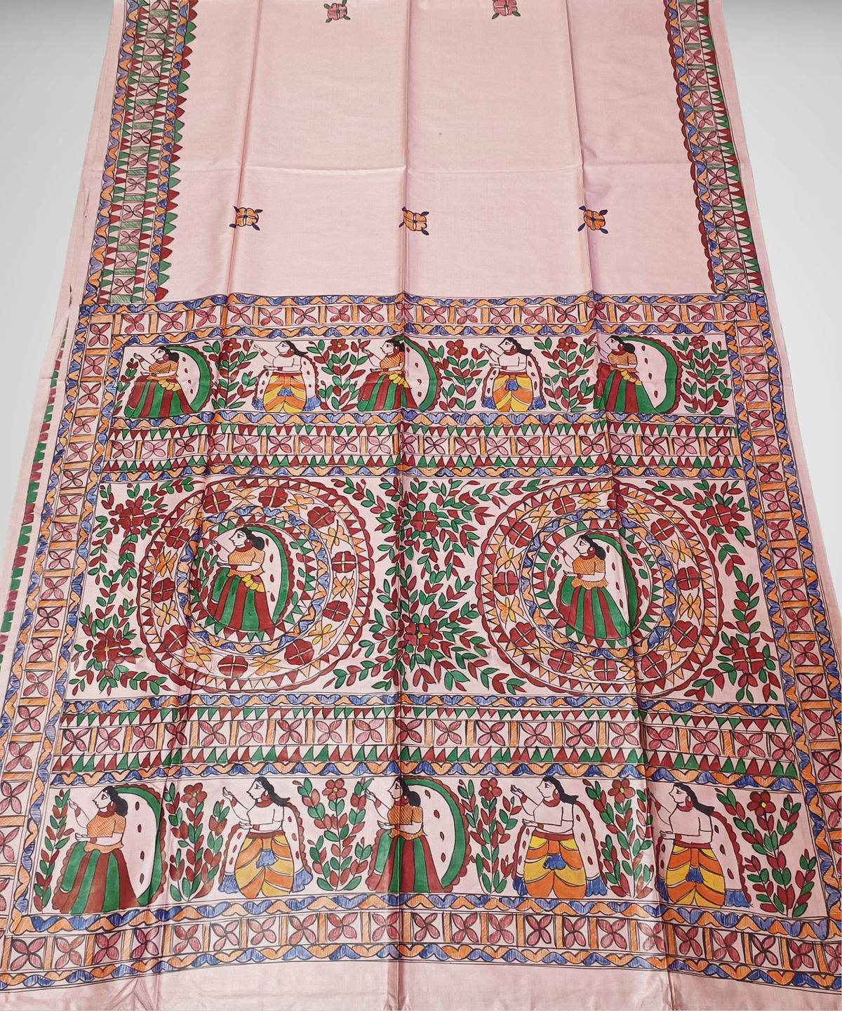 Pastel Blush Pink Pure Desi Tussar Silk Madhubani Saree – Traditional Hand-painted Mithila Folk Art & Floral Mandala Pallu