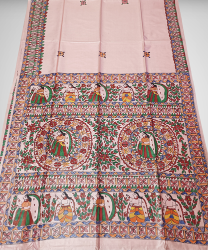 Pastel Blush Pink Pure Desi Tussar Silk Madhubani Saree – Traditional Hand-painted Mithila Folk Art & Floral Mandala Pallu