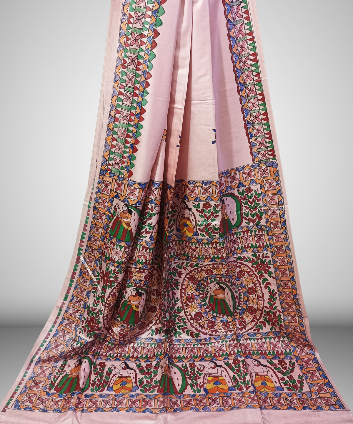 Pastel Blush Pink Pure Desi Tussar Silk Madhubani Saree – Traditional Hand-painted Mithila Folk Art & Floral Mandala Pallu