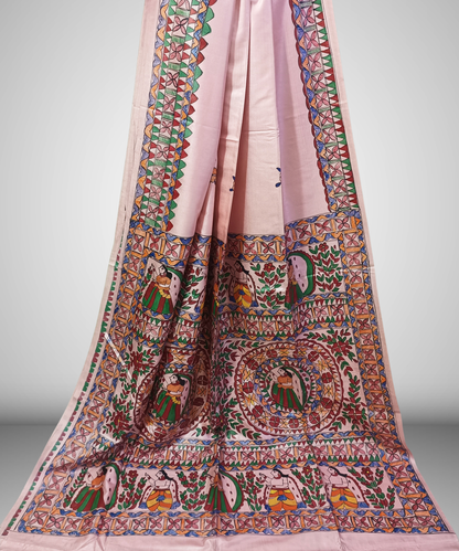 Pastel Blush Pink Pure Desi Tussar Silk Madhubani Saree – Traditional Hand-painted Mithila Folk Art & Floral Mandala Pallu
