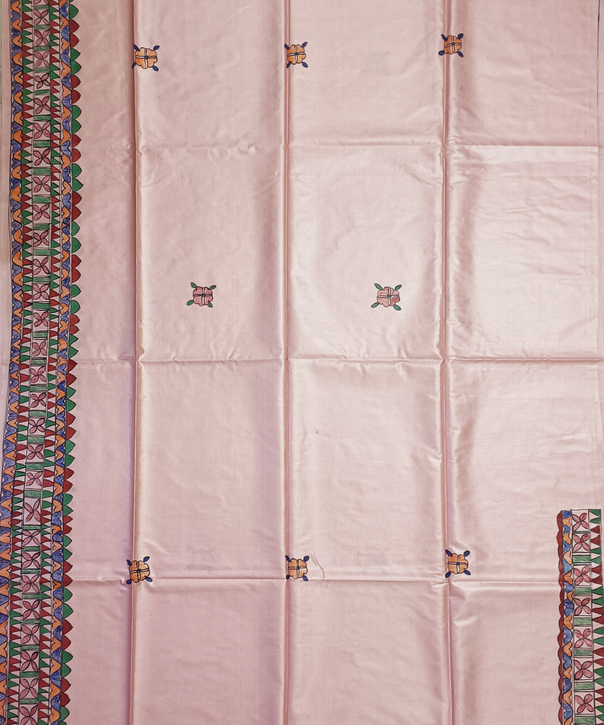 Pastel Blush Pink Pure Desi Tussar Silk Madhubani Saree – Traditional Hand-painted Mithila Folk Art & Floral Mandala Pallu