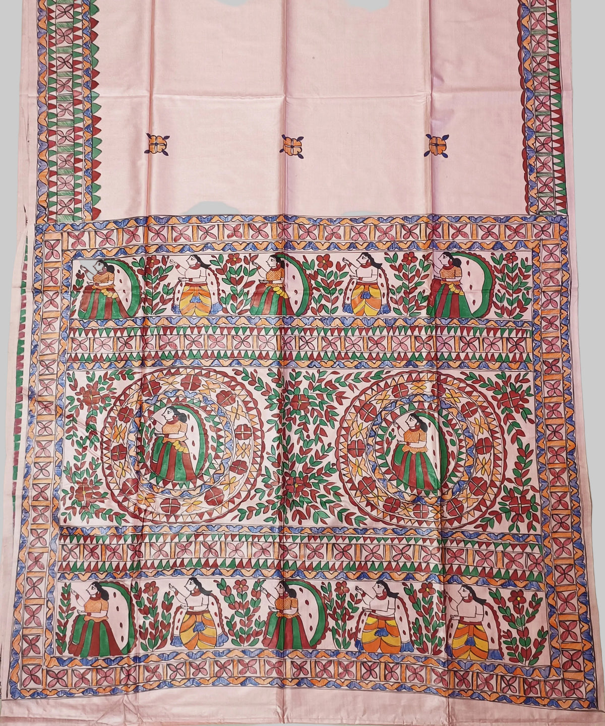 Pastel Blush Pink Pure Desi Tussar Silk Madhubani Saree – Traditional Hand-painted Mithila Folk Art & Floral Mandala Pallu