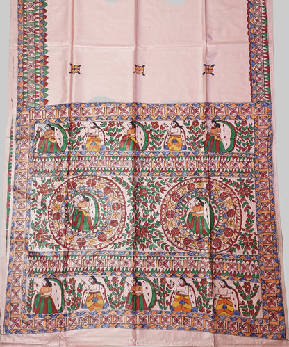 Pastel Blush Pink Pure Desi Tussar Silk Madhubani Saree – Traditional Hand-painted Mithila Folk Art & Floral Mandala Pallu