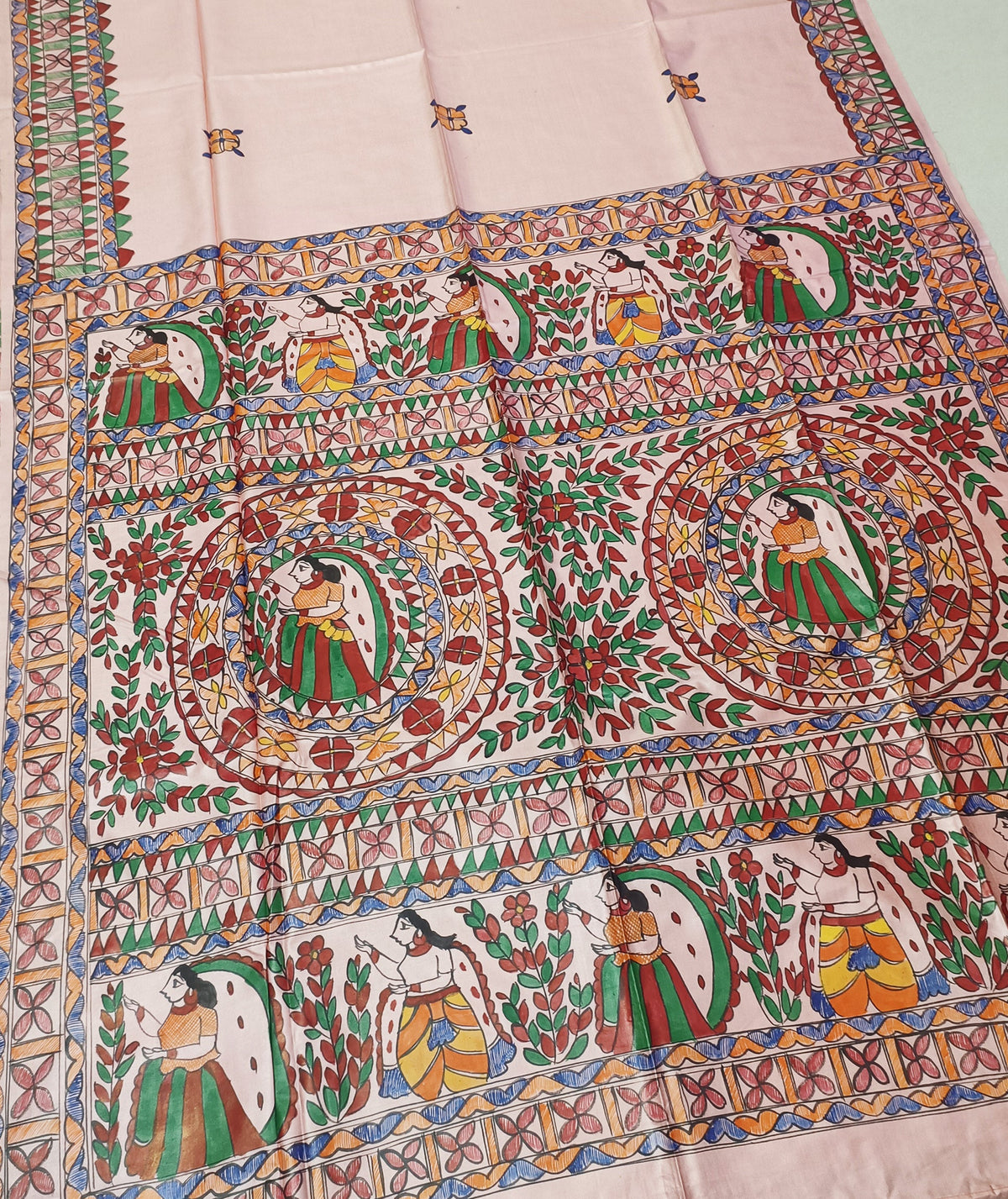 Pastel Blush Pink Pure Desi Tussar Silk Madhubani Saree – Traditional Hand-painted Mithila Folk Art & Floral Mandala Pallu