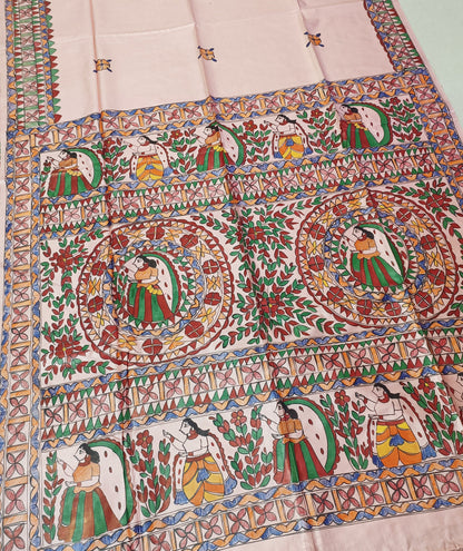 Pastel Blush Pink Pure Desi Tussar Silk Madhubani Saree – Traditional Hand-painted Mithila Folk Art & Floral Mandala Pallu
