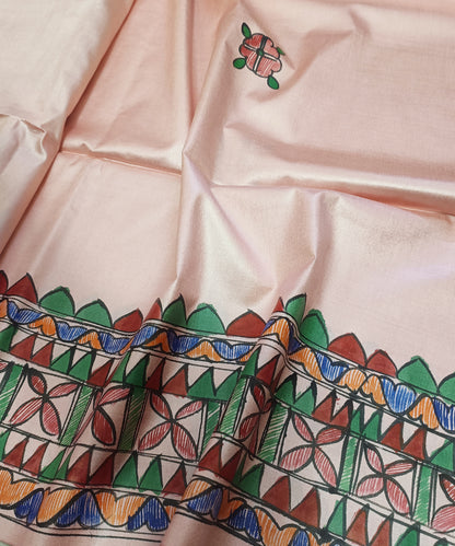 Pastel Blush Pink Pure Desi Tussar Silk Madhubani Saree – Traditional Hand-painted Mithila Folk Art & Floral Mandala Pallu