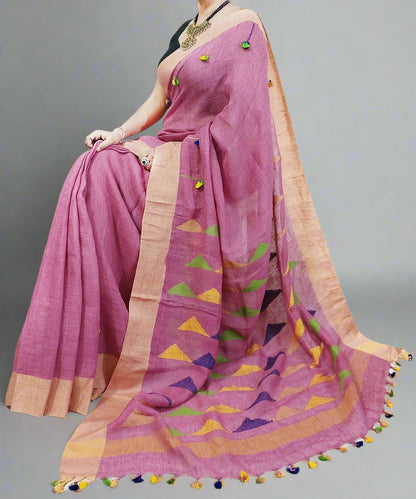 Peach Embroidered Linen Saree