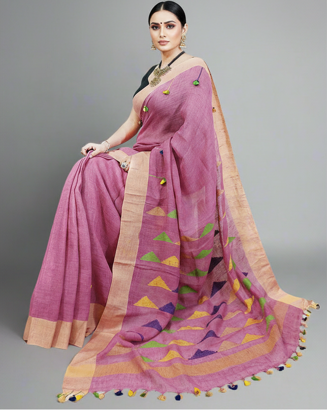 Peach Embroidered Linen Saree