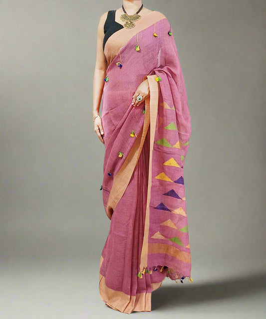 Peach Embroidered Linen Saree