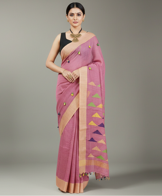 Peach Embroidered Linen Saree