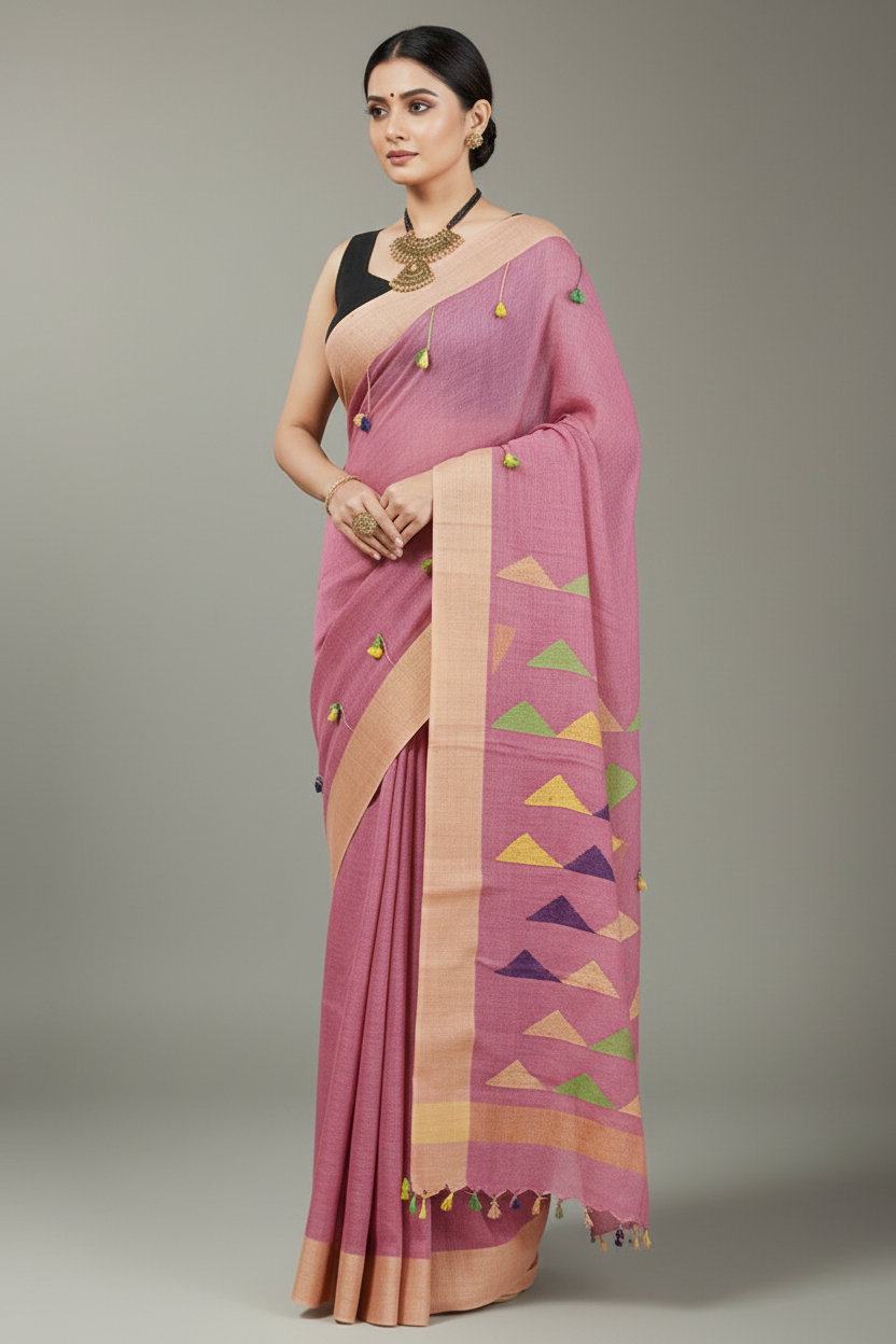 Peach Embroidered Linen Saree
