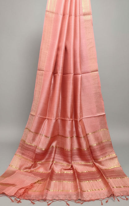 Peach Staple Body Saree with Ghicha Silk Pallu 
