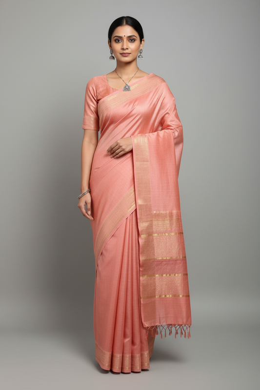 Peach Staple Body Saree with Ghicha Silk Pallu