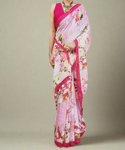 Pink Digital Printed Linen Saree