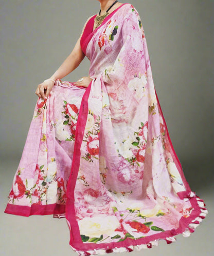 Pink Digital Printed Linen Saree