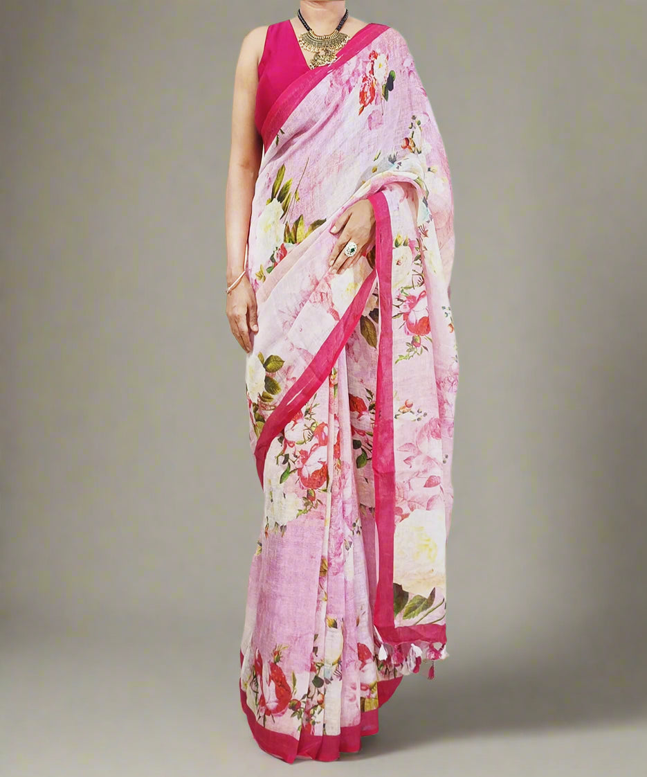 Pink Digital Printed Linen Saree