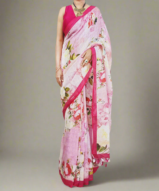 Pink Digital Printed Linen Saree