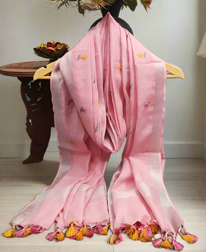 Pink Embroidered Linen Dupatta